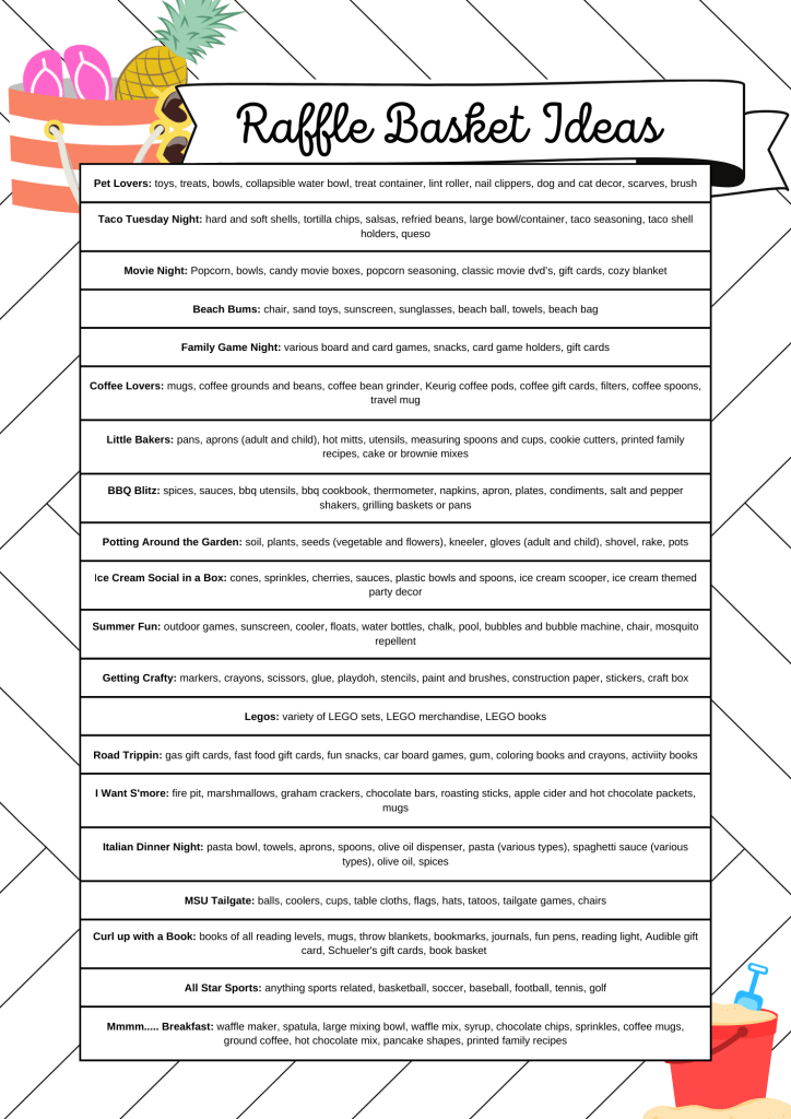 List of ideas for each raffle basket theme.
