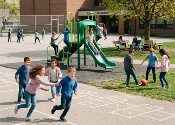 Children playing on an elementary school playground with slides and hopscotch