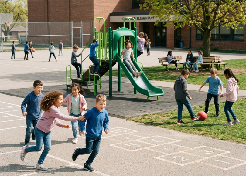 Children playing on an elementary school playground with slides and hopscotch